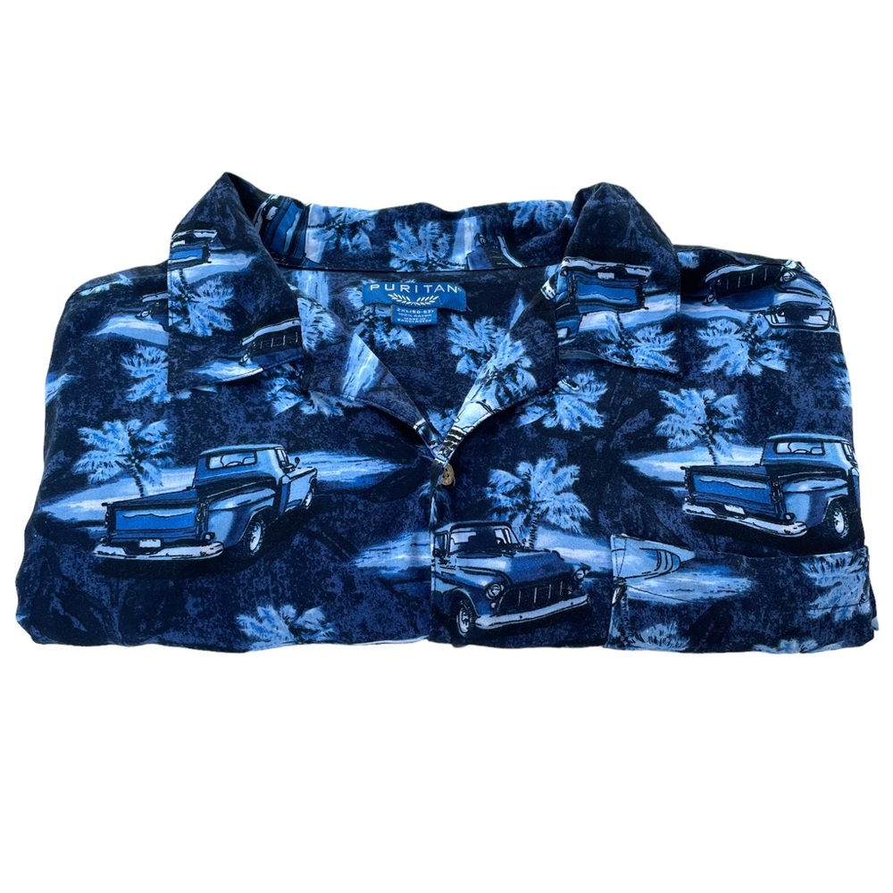 Puritan 100% Rayon "Moonlight Chevy" Print Front Pocket Hawaiian Camp Shirt 2XL